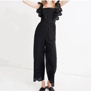 MADEWELL EYELET FRILLED STRAP JUMPSUIT IN BLACK. Size 4
